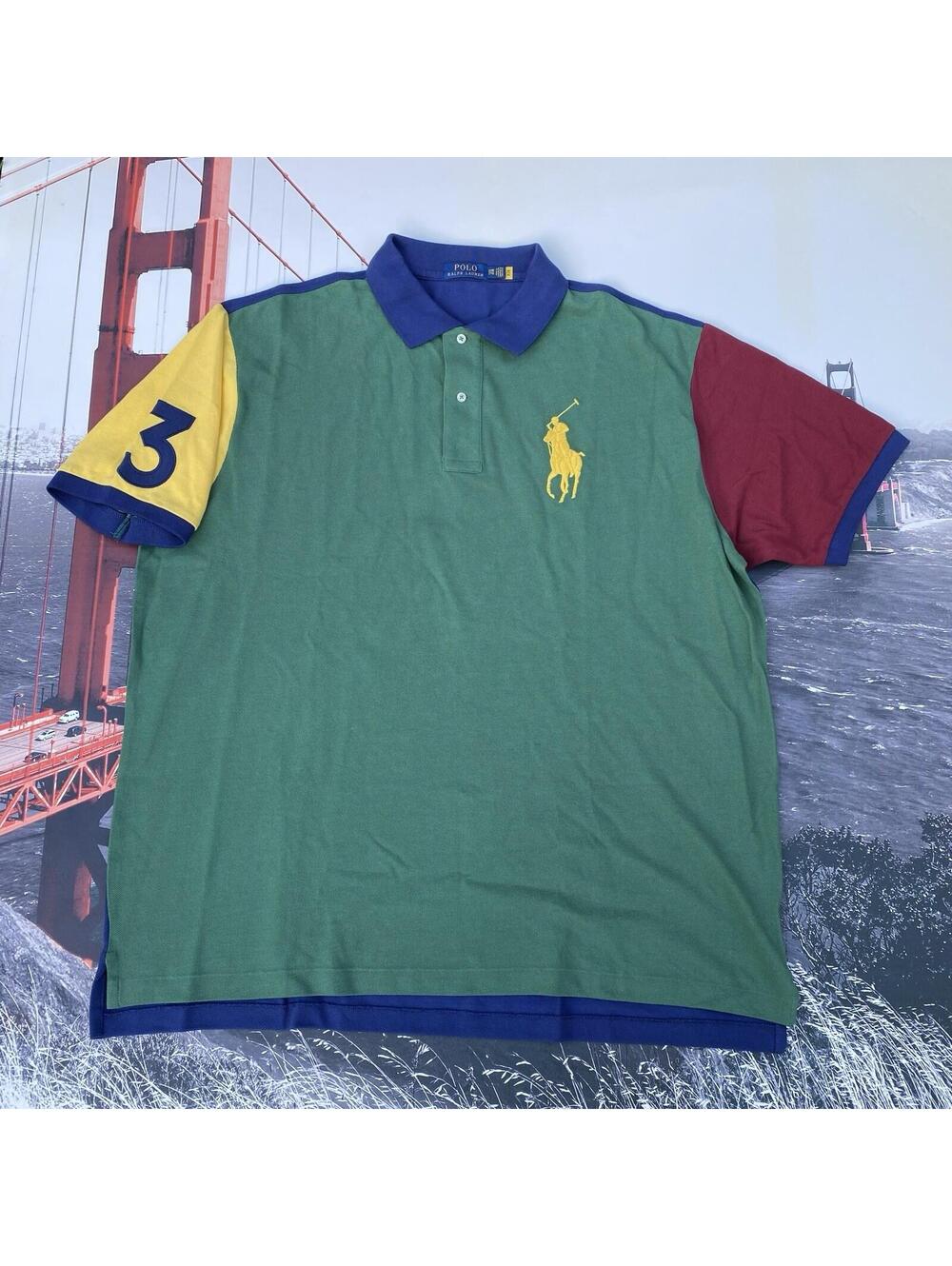 Polo Ralph Lauren Big Pony Colorblock Mesh Shirt Size 2XB Big & Tall Green Navy